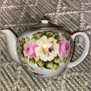 Porcelain Floral Painted Teapot with Lid, Gold Accents, White Pink Green Round